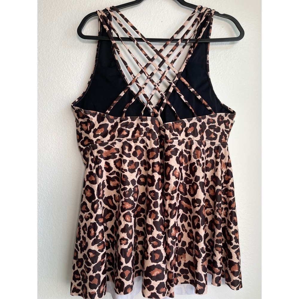 Aqua Eve Leopard Print Strappy Back Swim Dress Tankini Top Brown Tan 20W - Picture 2 of 10